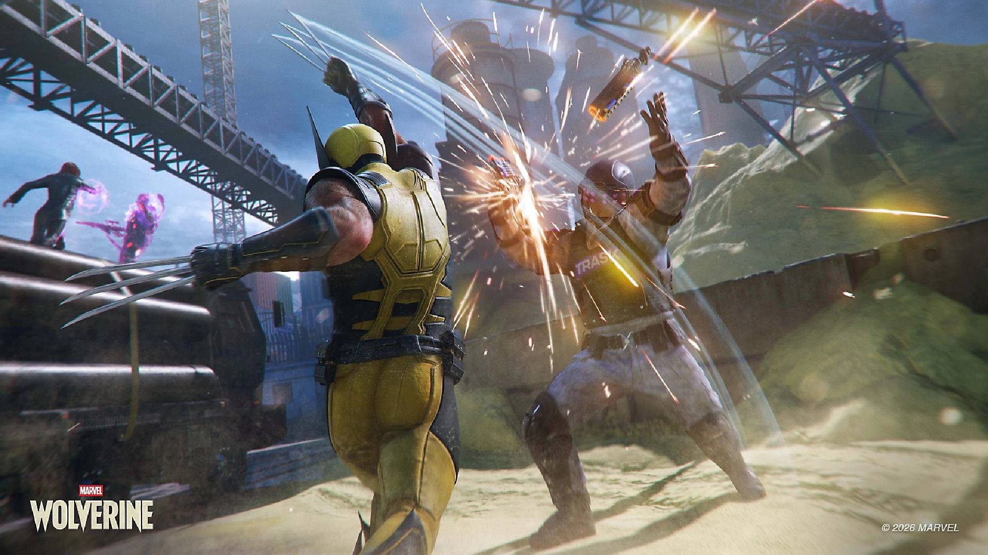 Marvel’s Wolverine Wolverine greift einen gepanzerten Gegner mit ausgefahrenen Klauen an