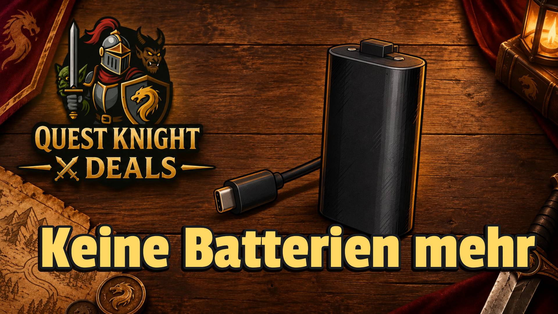 Microsoft Xbox Play & Charge Kit mit Akku und USB-C-Kabel vor Quest-Knight-Deals-Hintergrund