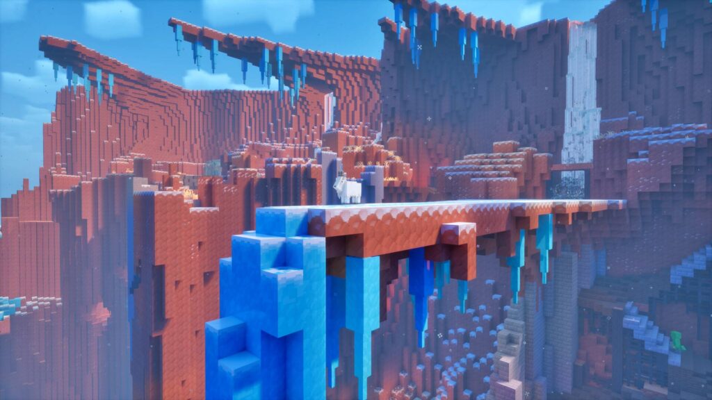 Minecraft Dungeons II verschneite rote Schlucht mit Eisblöcken und einem Lama