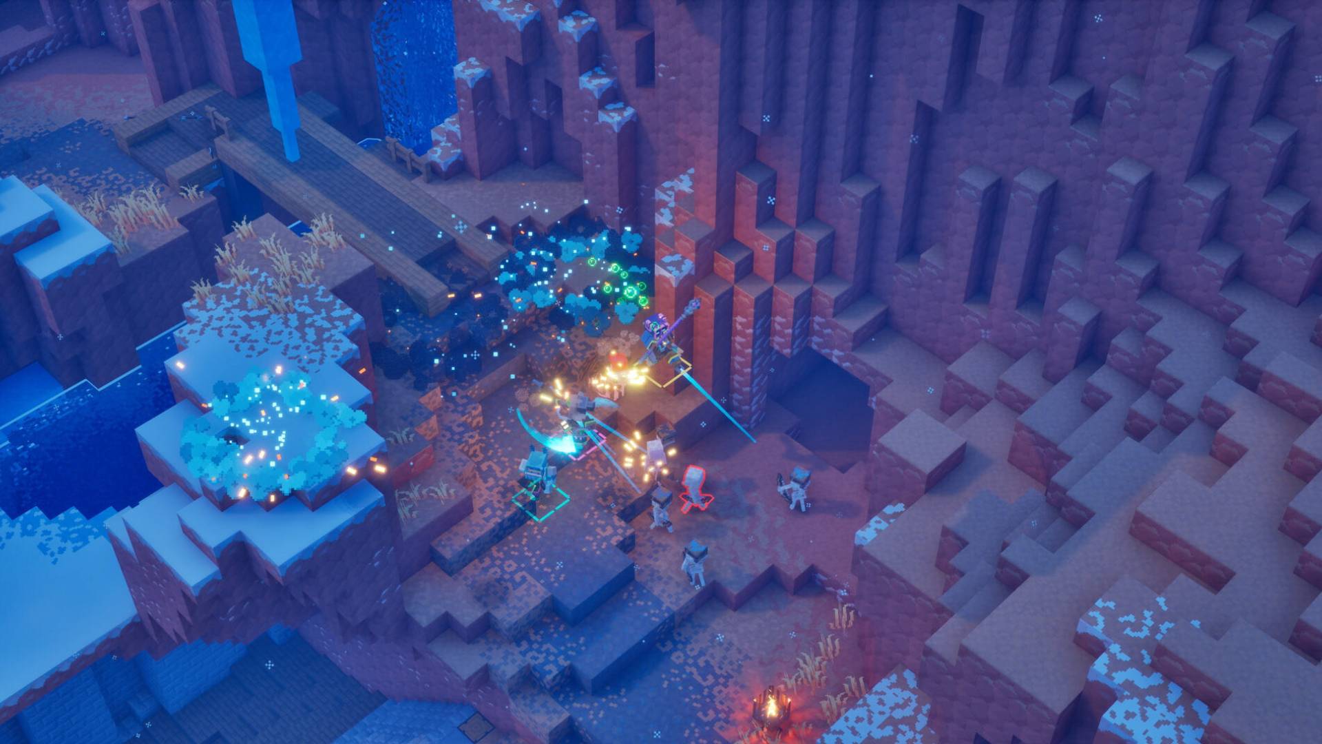 Minecraft Dungeons II Kampfgebiet mit Schienen in einer Felslandschaft