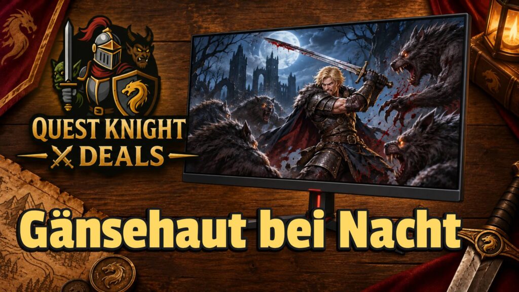 OLED-Gaming-Monitor mit blondem Schwertkämpfer im Kampf gegen Werwölfe auf Quest-Knight-Deals-Hintergrund