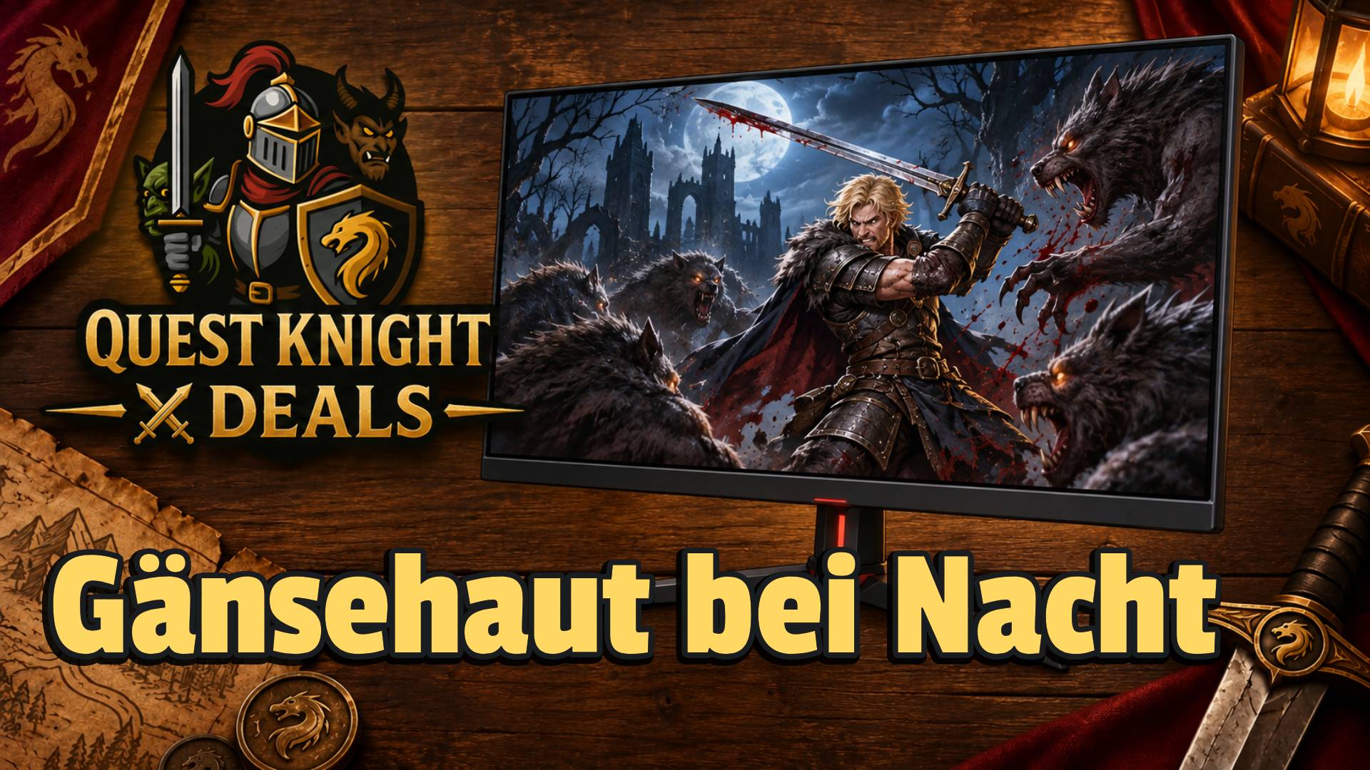 OLED-Gaming-Monitor mit blondem Schwertkämpfer im Kampf gegen Werwölfe auf Quest-Knight-Deals-Hintergrund