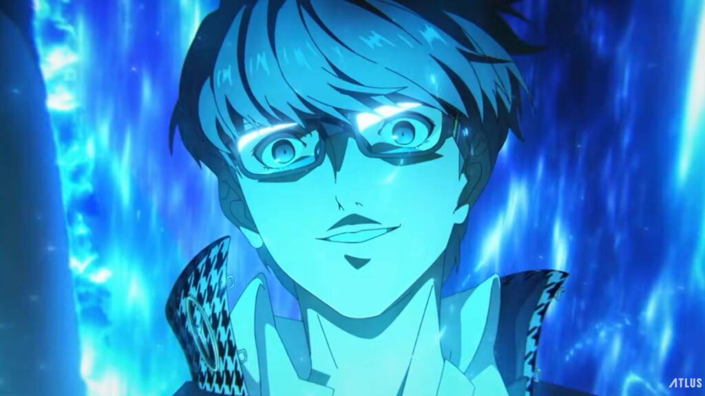 Persona 4 Revival Protagonist mit Brille vor leuchtend blauem Hintergrund