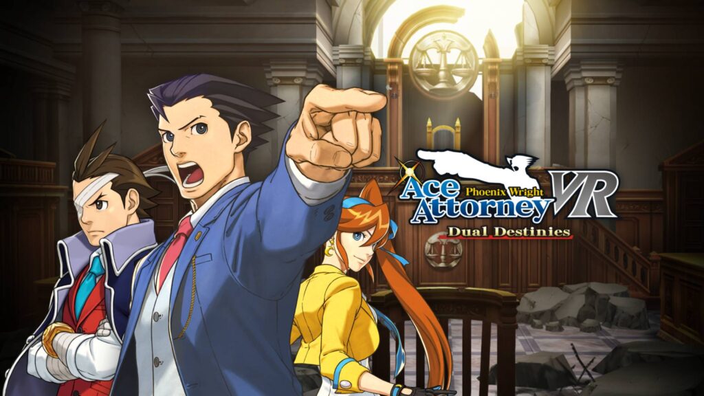 Phoenix Wright Ace Attorney Dual Destinies VR Phoenix Wright zeigt im Gerichtssaal auf die Gegenseite