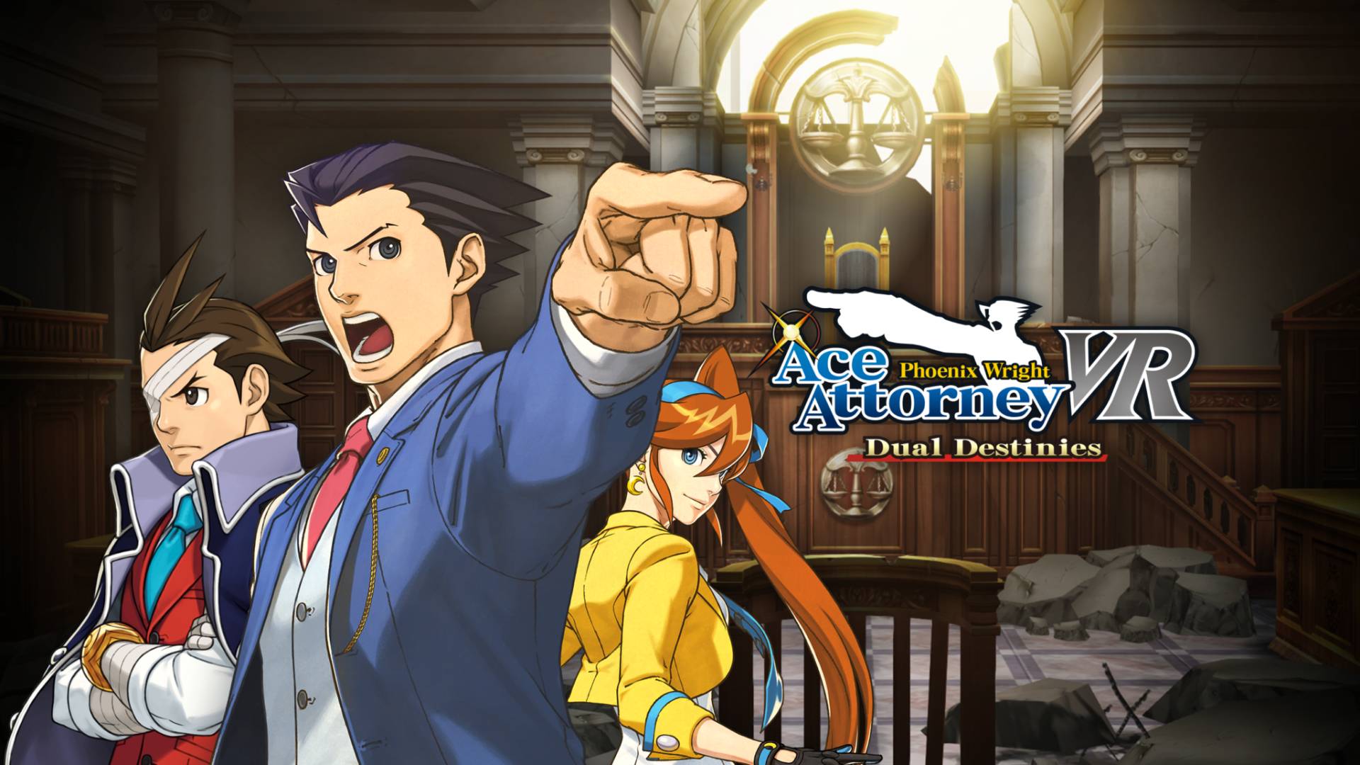 Phoenix Wright Ace Attorney Dual Destinies VR Phoenix Wright zeigt im Gerichtssaal auf die Gegenseite