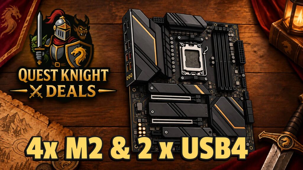 AM5-Gaming-Mainboard auf Quest-Knight-Deals-Hintergrund
