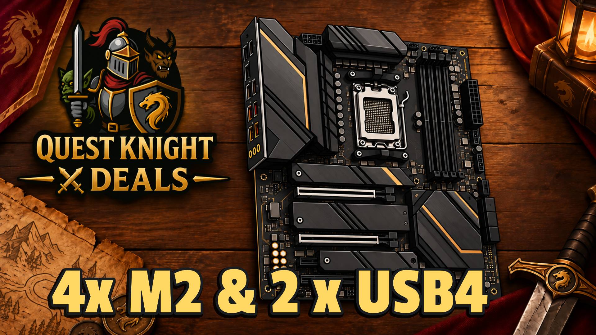 AM5-Gaming-Mainboard auf Quest-Knight-Deals-Hintergrund