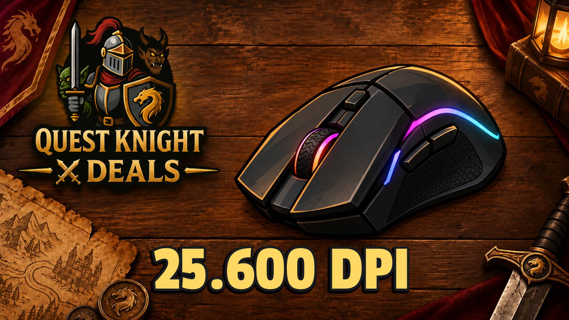 Quest Knight Deals mit schwarzer Gaming-Maus auf Holzuntergrund