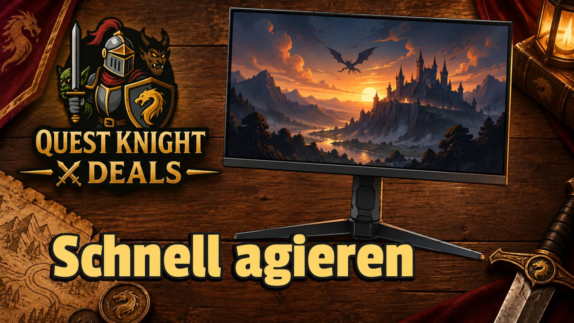 Quest Knight Deals mit Gaming-Monitor vor Fantasy-Hintergrund
