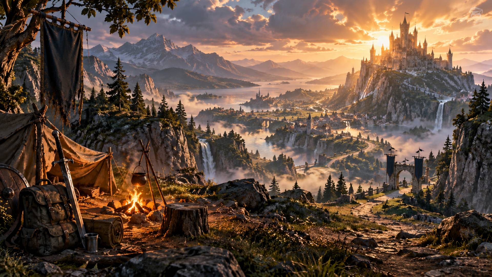 Kleines Abenteurerlager mit Weg zu einer großen Fantasy-Festung