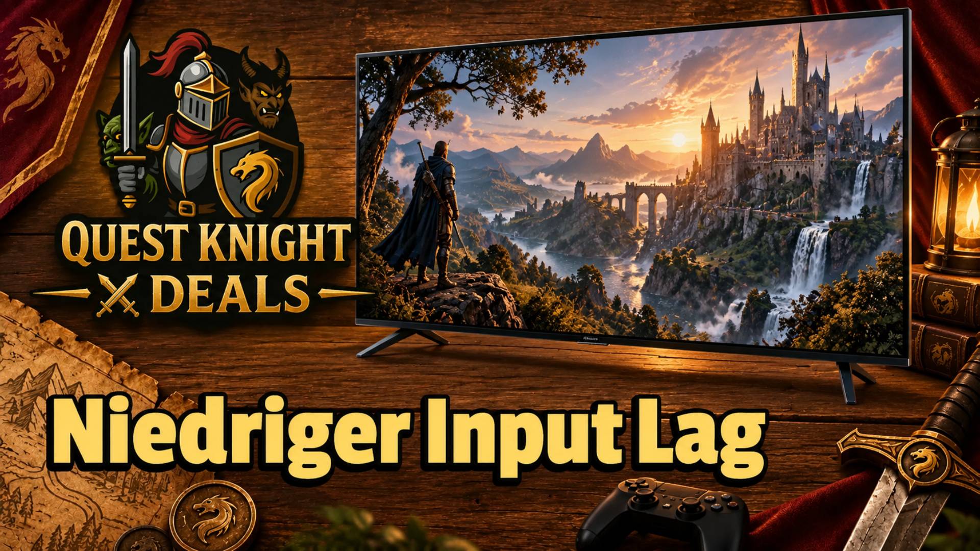 Quest Knight Deals mit Gaming-TV vor Fantasy-Landschaft