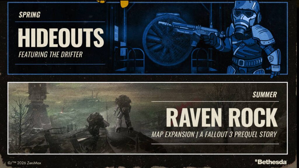 Fallout 76 Raven Rock mit zwei Figuren in Powerrüstung im zerstörten Capital Wasteland