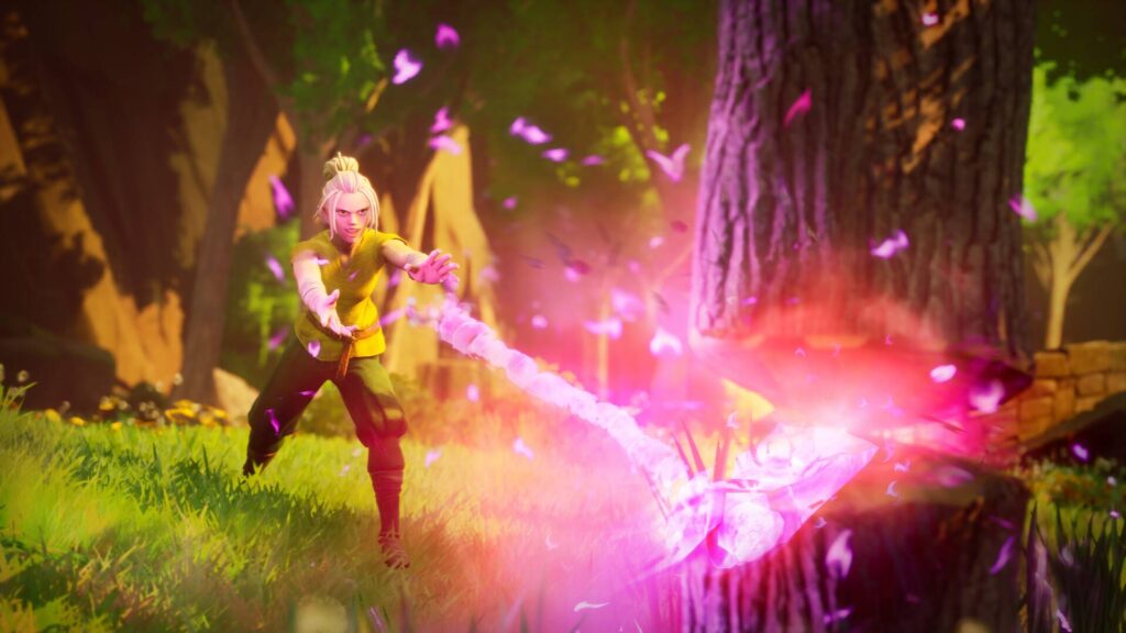 RuneScape Dragonwilds Charakter nutzt violette Anima-Energie im Wald
