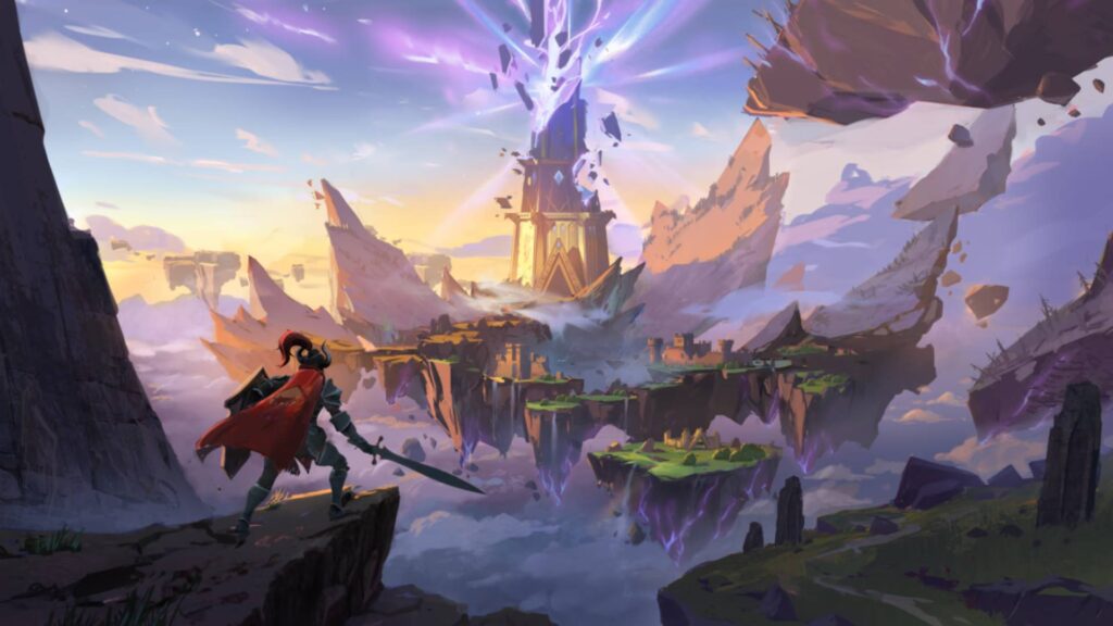 RuneScape Dragonwilds Ritter blickt auf schwebende Inseln und einen von violetter Energie getroffenen Turm