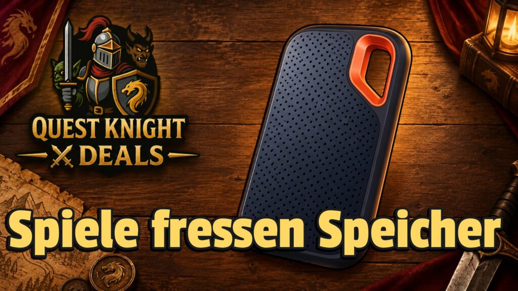 Quest-Knight-Deals Banner mit externer SSD im Comic-Look