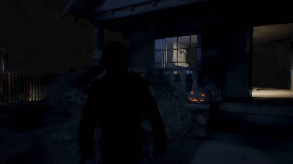 Halloween The Game Michael Myers vor beleuchtetem Haus in der Dunkelheit
