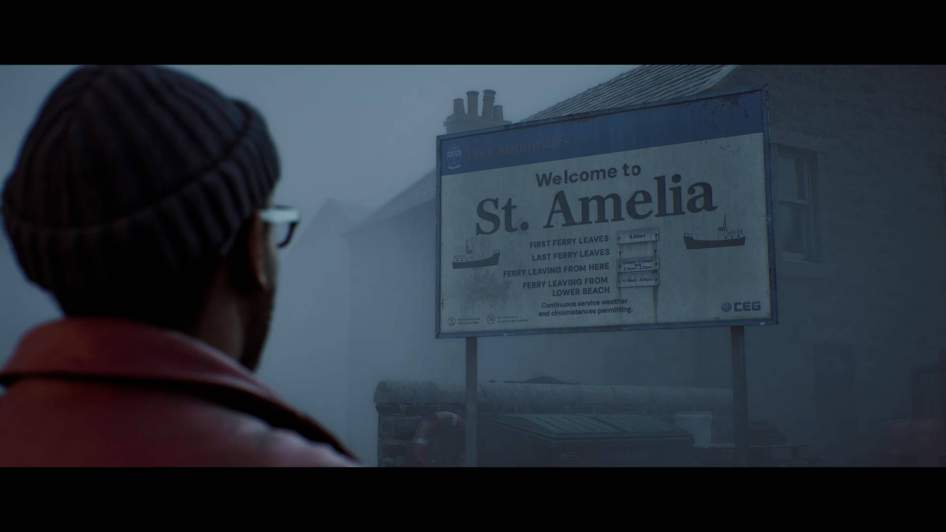 Silent Hill Townfall Mann vor dem Willkommensschild von St. Amelia im Nebel
