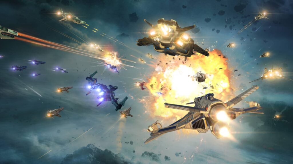 Star Conflict zahlreiche Raumschiffe kämpfen zwischen Explosionen und Asteroiden