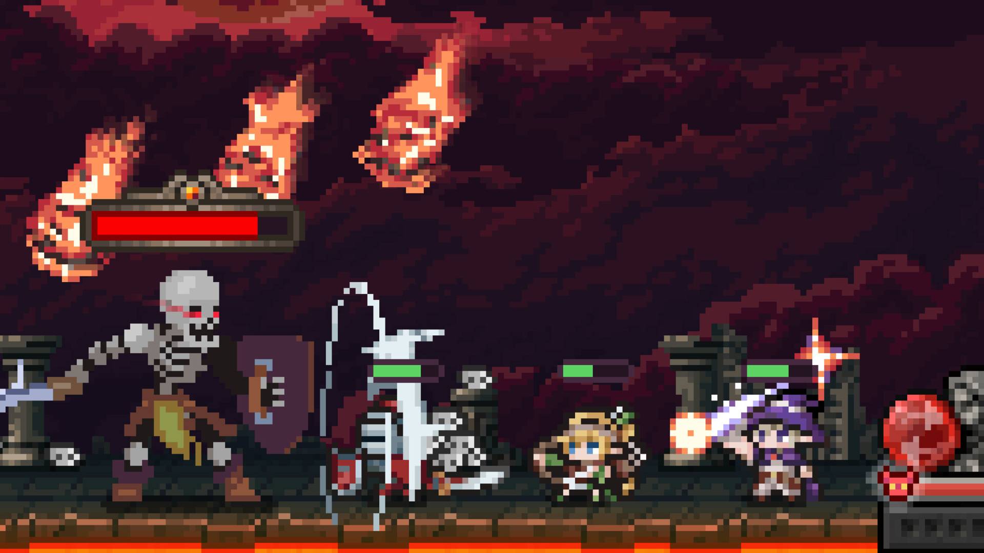 TBH Task Bar Hero Heldengruppe kämpft in Pixeloptik gegen Skelette und fliegende Gegner