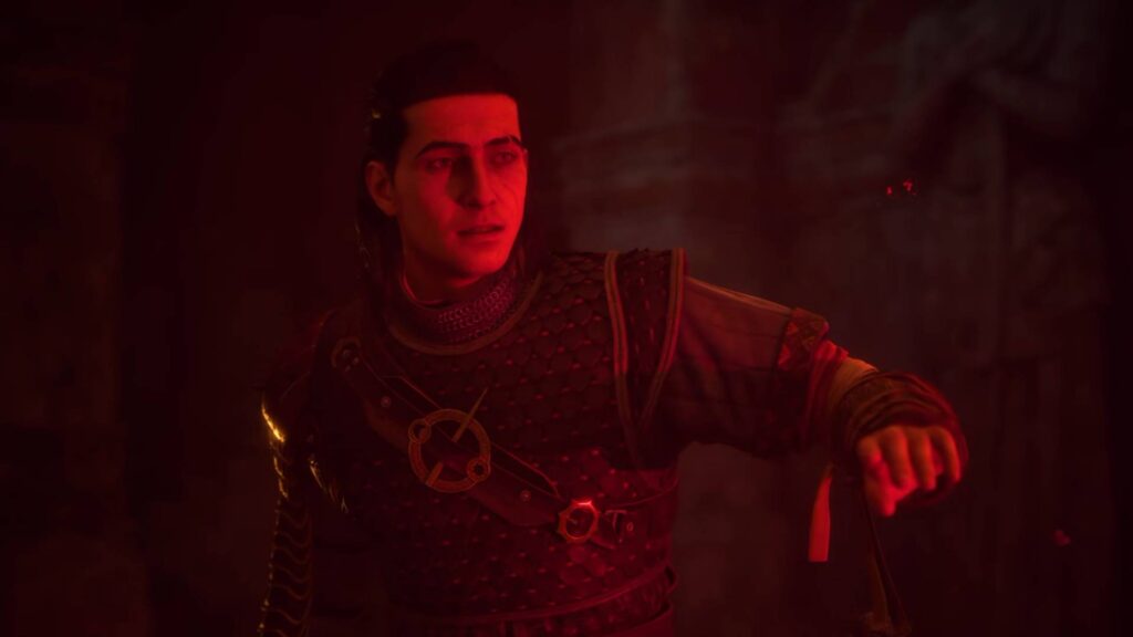 The Blood of Dawnwalker Coen blickt überrascht zur Seite und streckt die Hand aus
