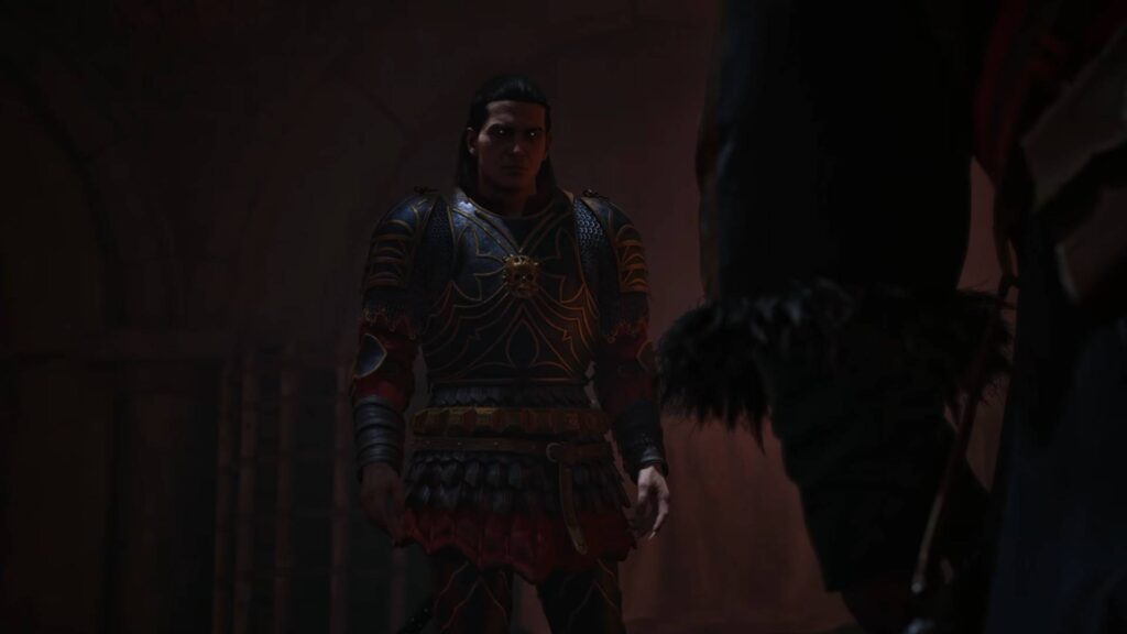 The Blood of Dawnwalker Coen in verzierter Rüstung steht einer dunklen Gestalt gegenüber