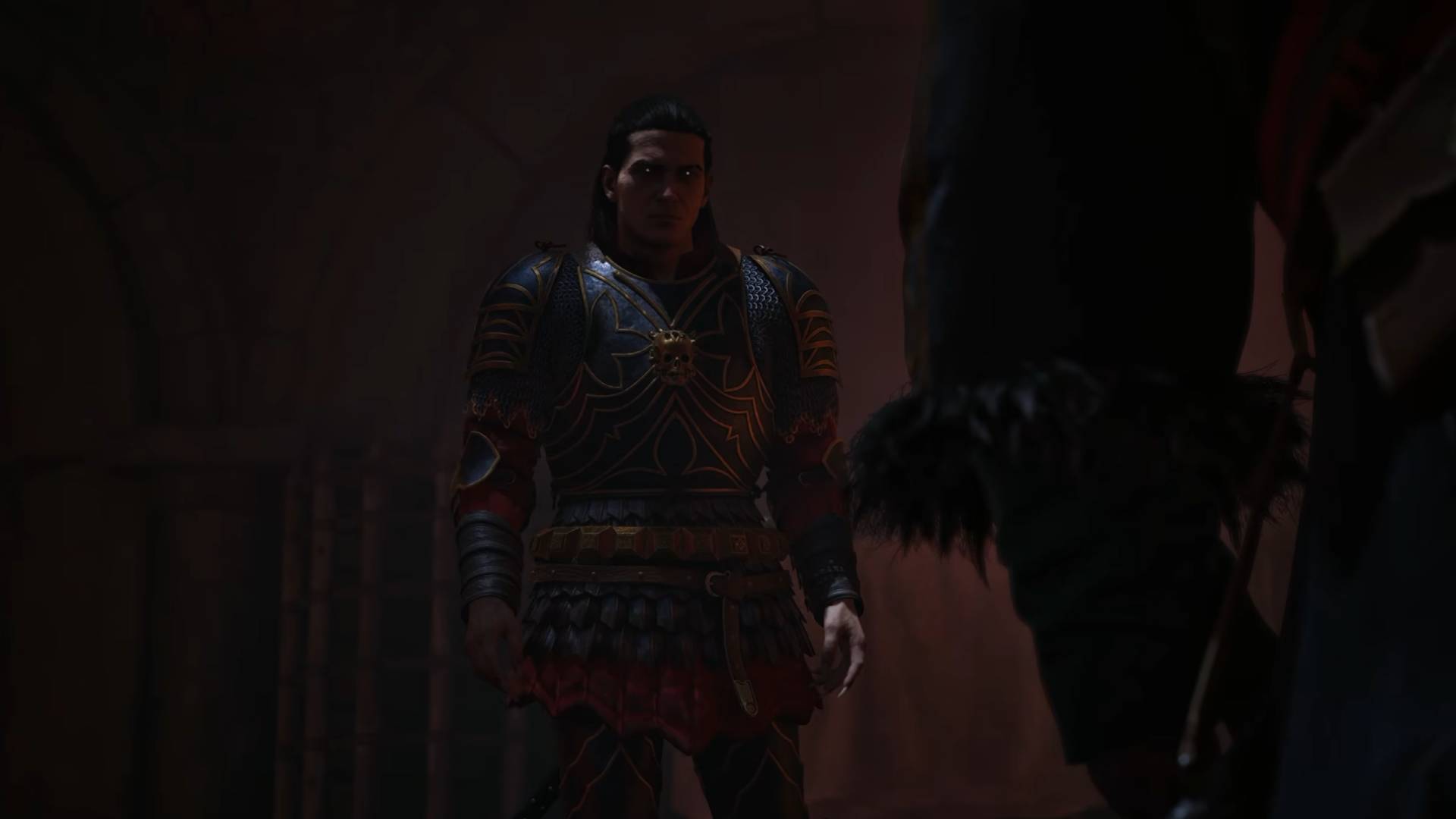 The Blood of Dawnwalker Coen in verzierter Rüstung steht einer dunklen Gestalt gegenüber
