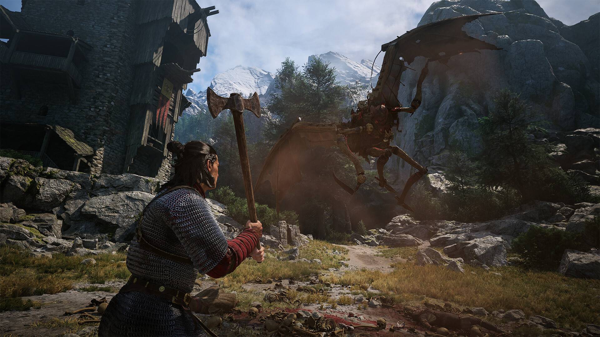 The Blood of Dawnwalker Coen kämpft mit einer Axt gegen ein großes Skelettwesen im Gebirge