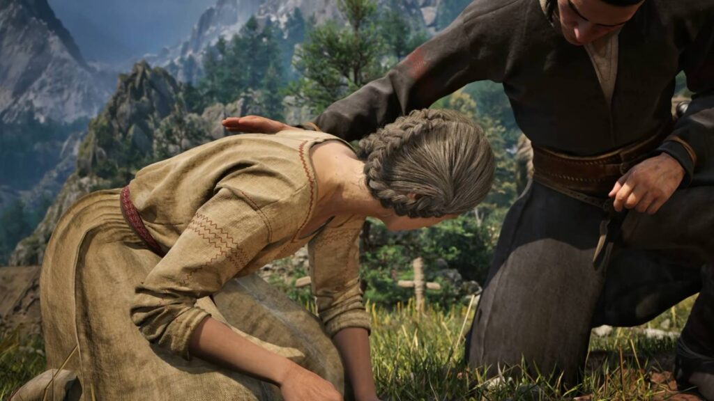The Blood of Dawnwalker Mann hilft einer Frau auf einer Bergwiese