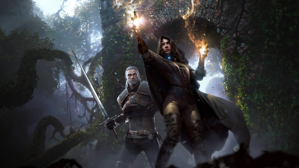 The Witcher 3 Remastered Geralt und Yennefer kämpfen gemeinsam in einem verwunschenen Wald