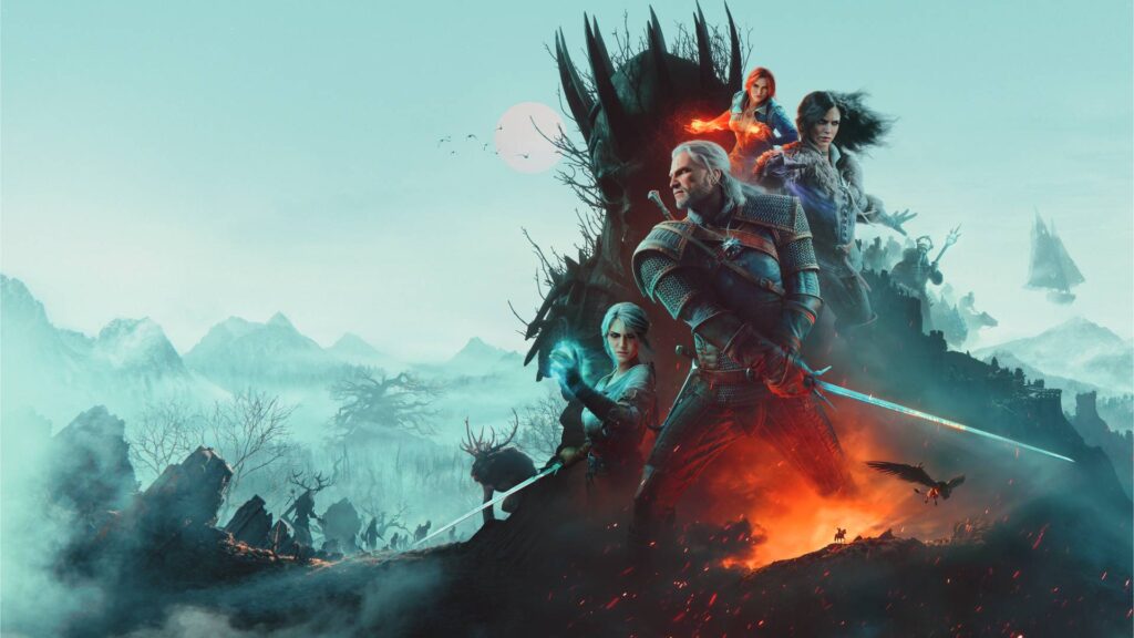 The Witcher 3 Remastered Geralt, Ciri, Yennefer und Triss vor einer düsteren Fantasy-Landschaft