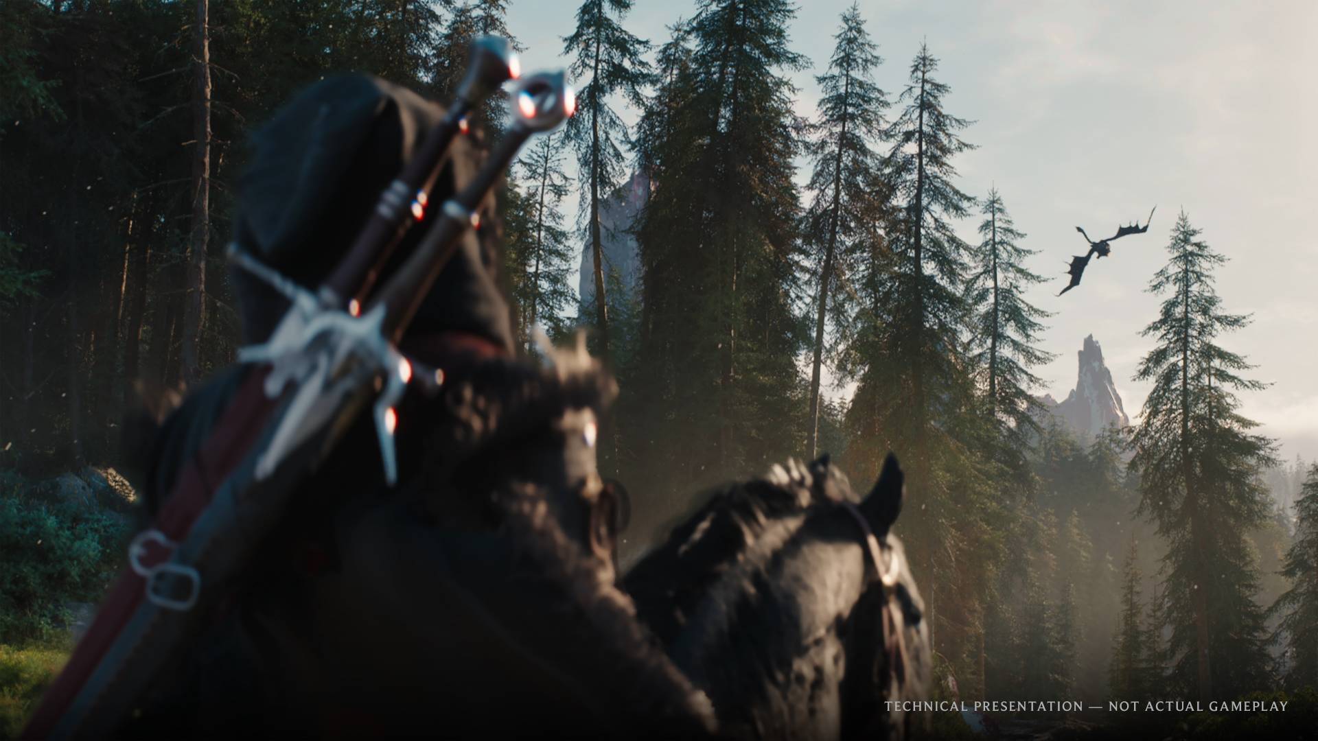 The Witcher 4 Ciri reitet durch einen Wald und blickt auf ein fliegendes Monster