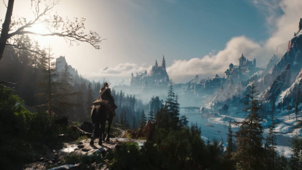 The Witcher 4 Reiterin blickt auf verschneite Burgenlandschaft