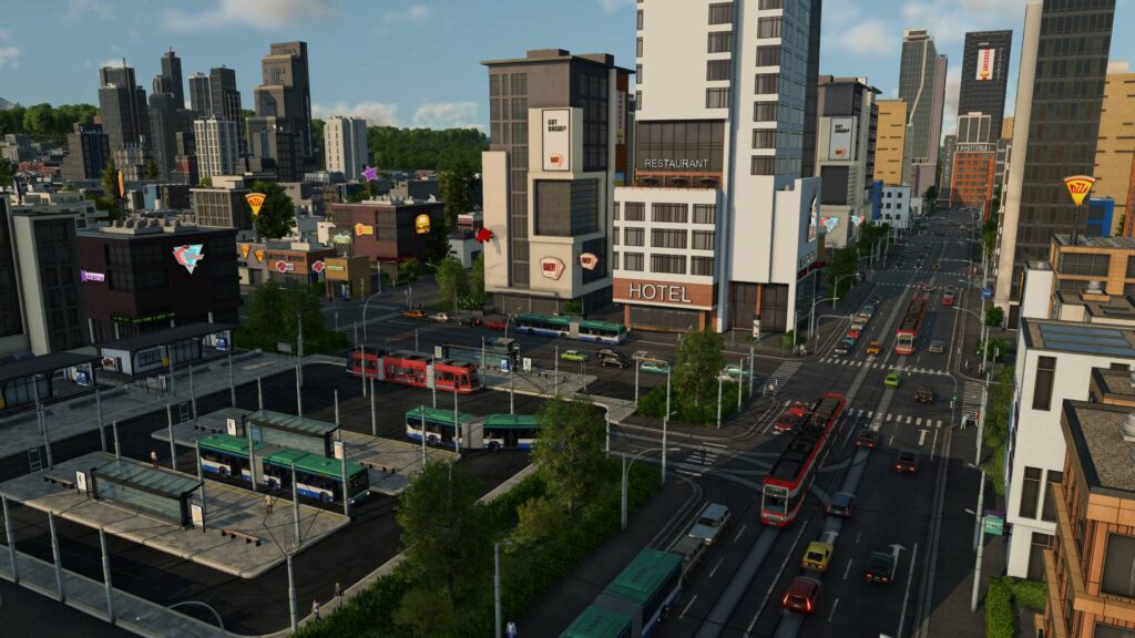 Transport Fever 3 Stadtverkehr mit Bussen, Straßenbahn und dichter Bebauung