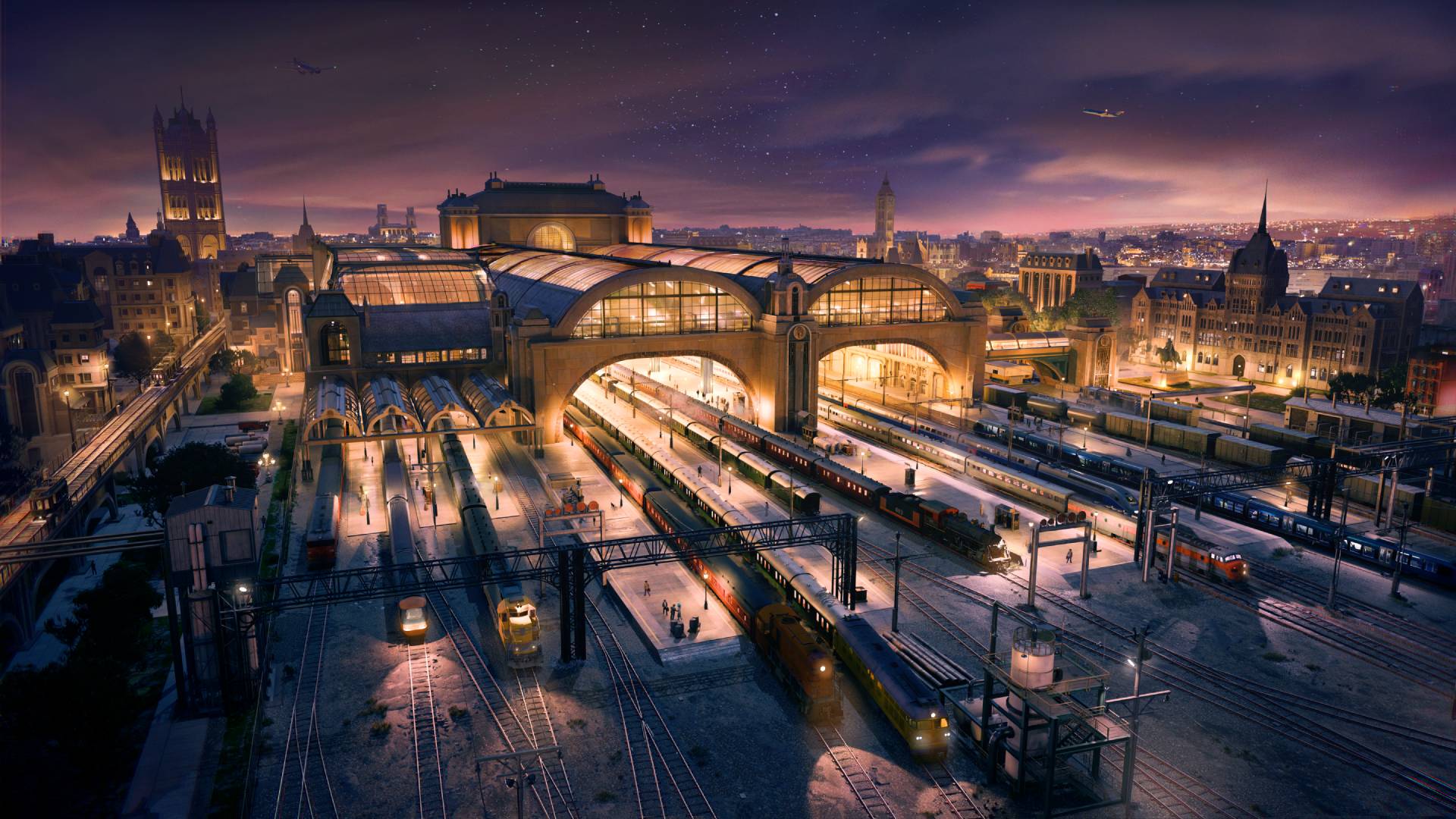 Transport Fever 3 großer Bahnhof mit mehreren Zügen bei Nacht