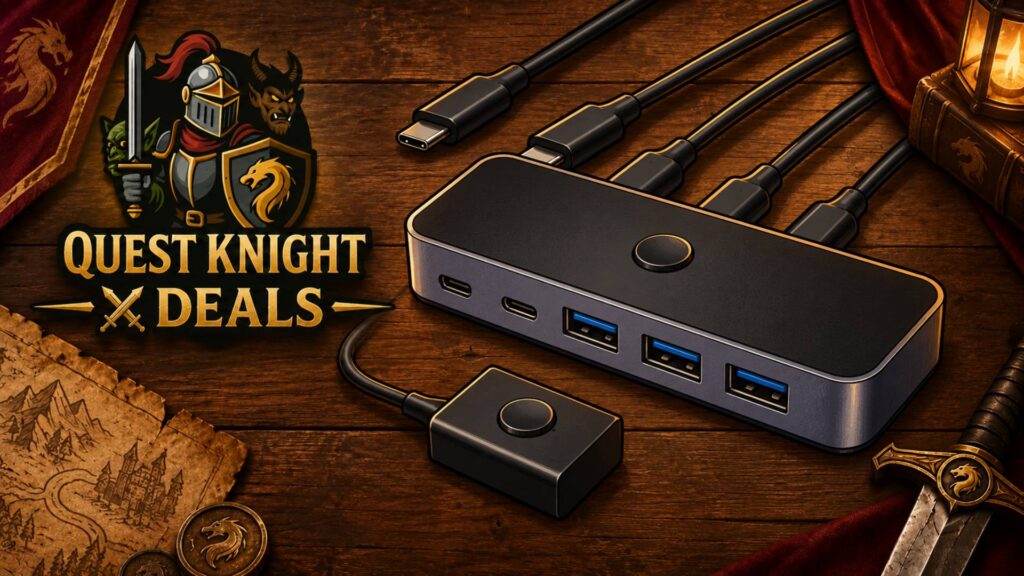 Quest-Knight Deals mit stilisiertem USB-Switch und externem Umschaltknopf auf Holztisch