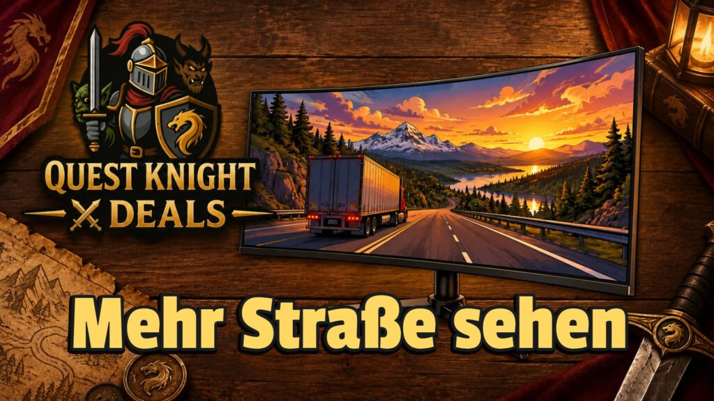 Euro Truck Simulator 2 Ultrawide-Monitor im Comic-Look mit Straße auf dem Bildschirm