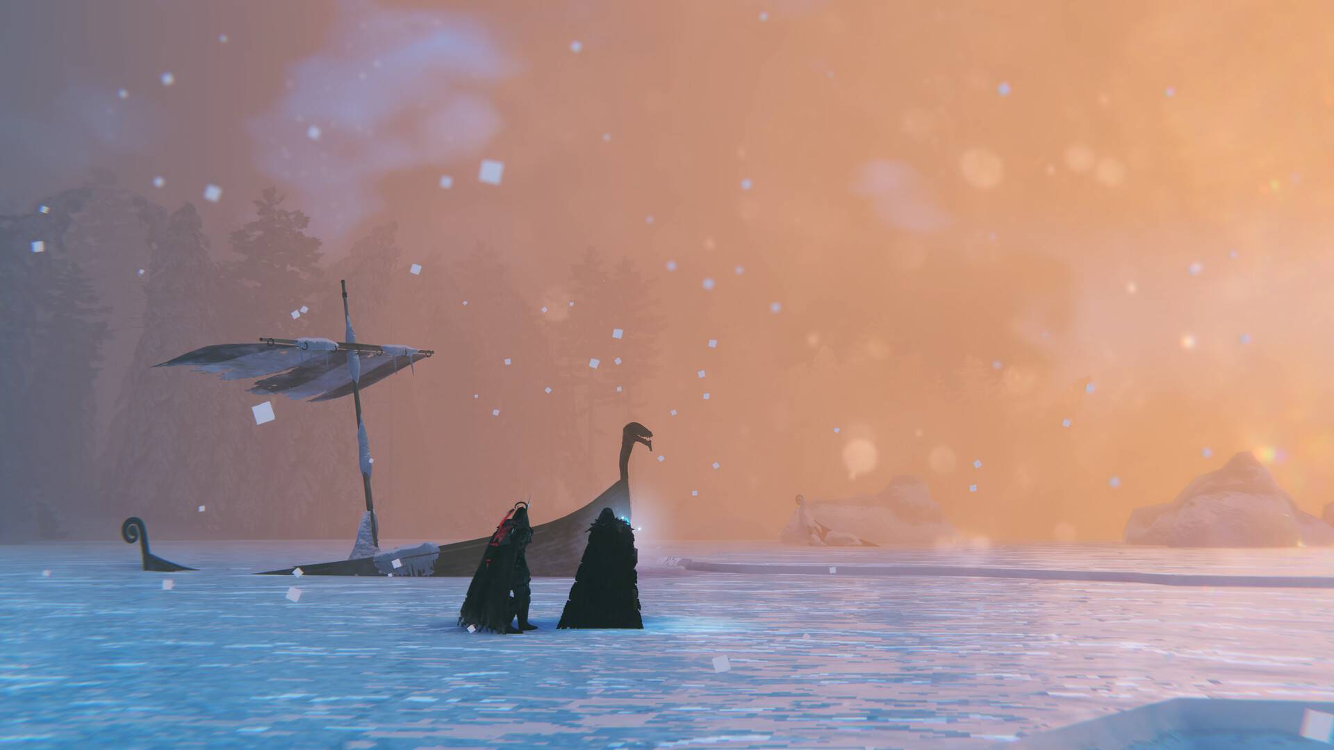 Valheim zwei Wikinger im verschneiten Hohen Norden neben einem Schiff