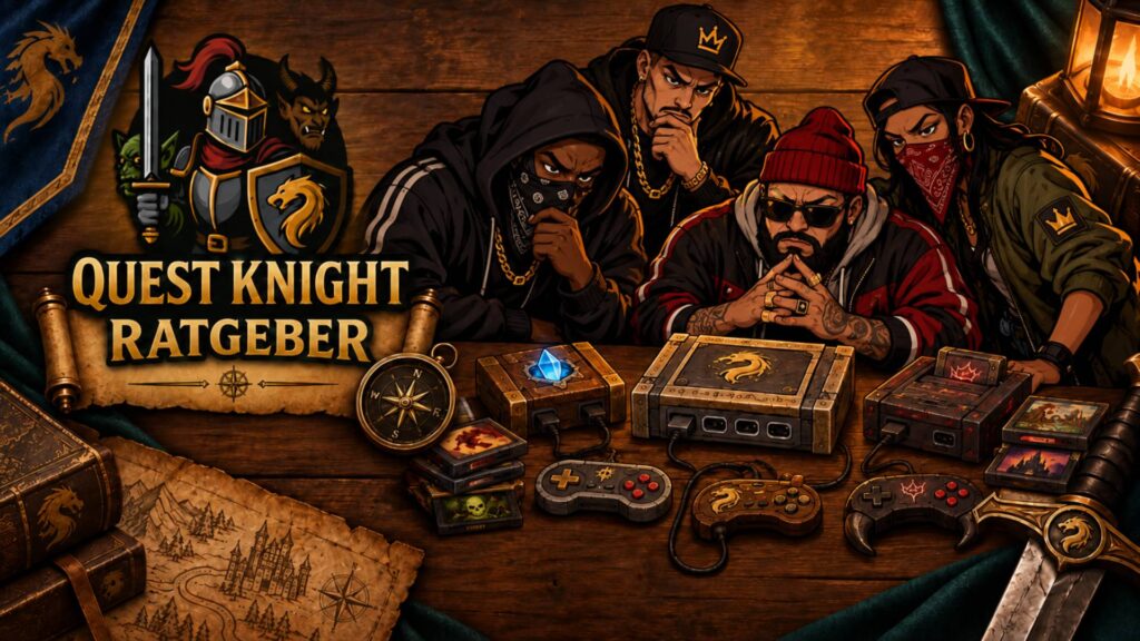 Quest Knight Ratgeber Gangster sitzen vor mehreren Fantasy Konsolen und Controllern