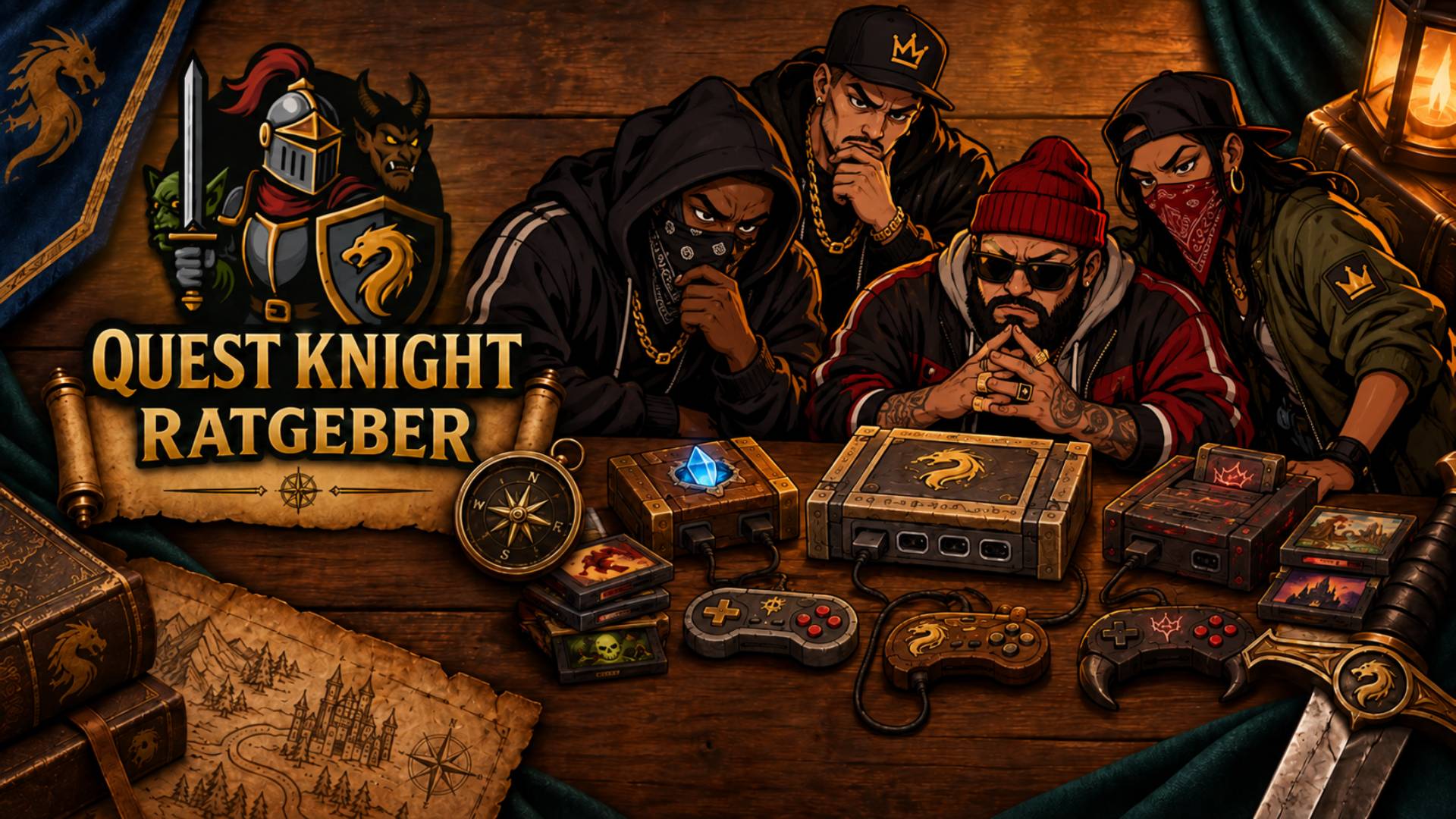Quest Knight Ratgeber Gangster sitzen vor mehreren Fantasy Konsolen und Controllern