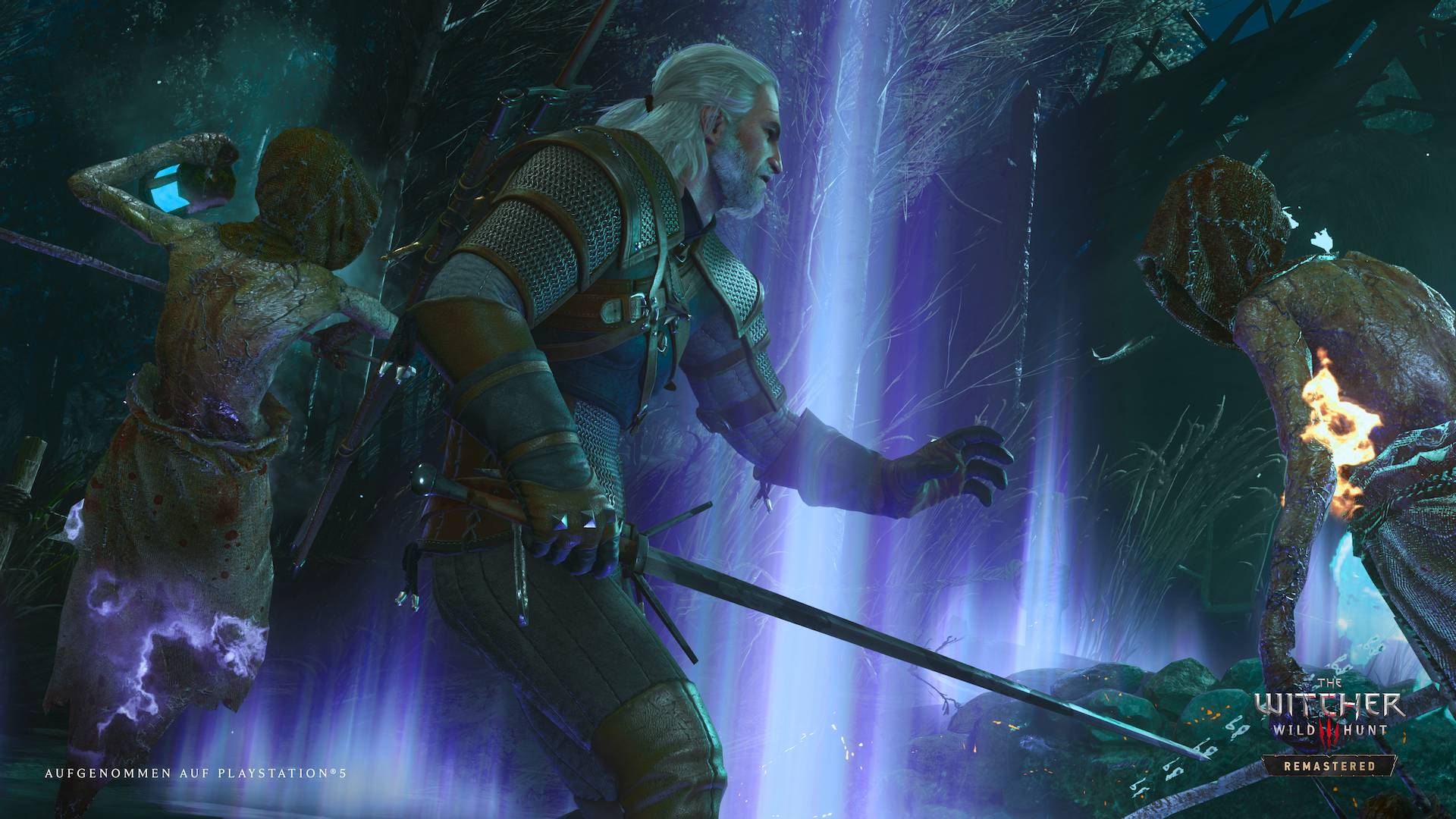 The Witcher 3 Remastered Geralt zwischen geisterhaften Gegnern und violetten Lichtstrahlen