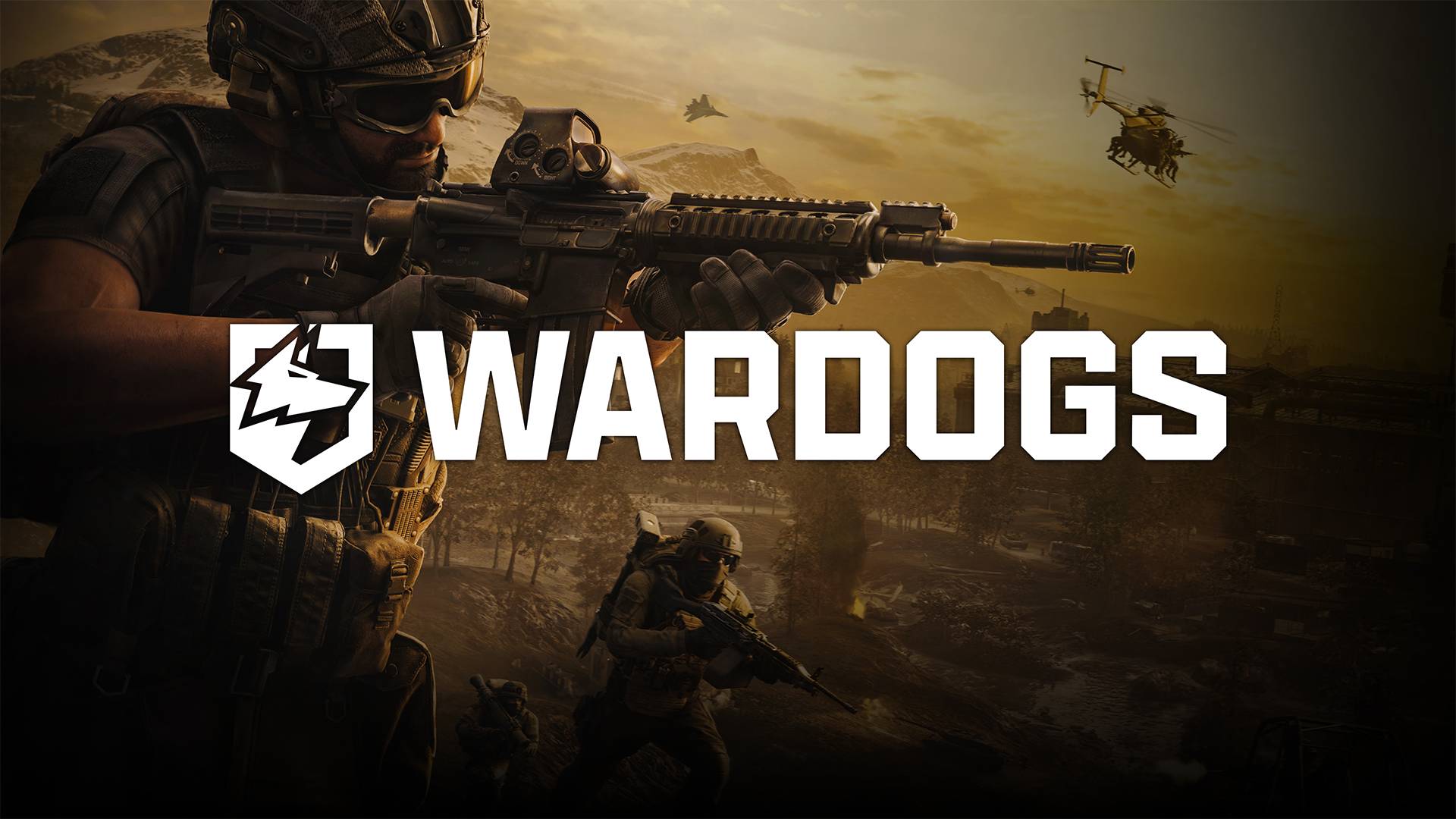 WARDOGS Soldaten im Gefecht vor dem großen WARDOGS Logo