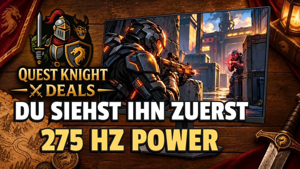Quest Knight Deals mit Gaming-Monitor im Comic-Look und Sci-Fi-Soldat im Feuergefecht.