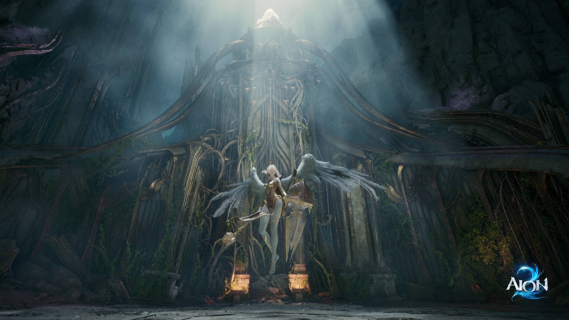 Geflügelter Charakter vor einer Ruine in AION 2