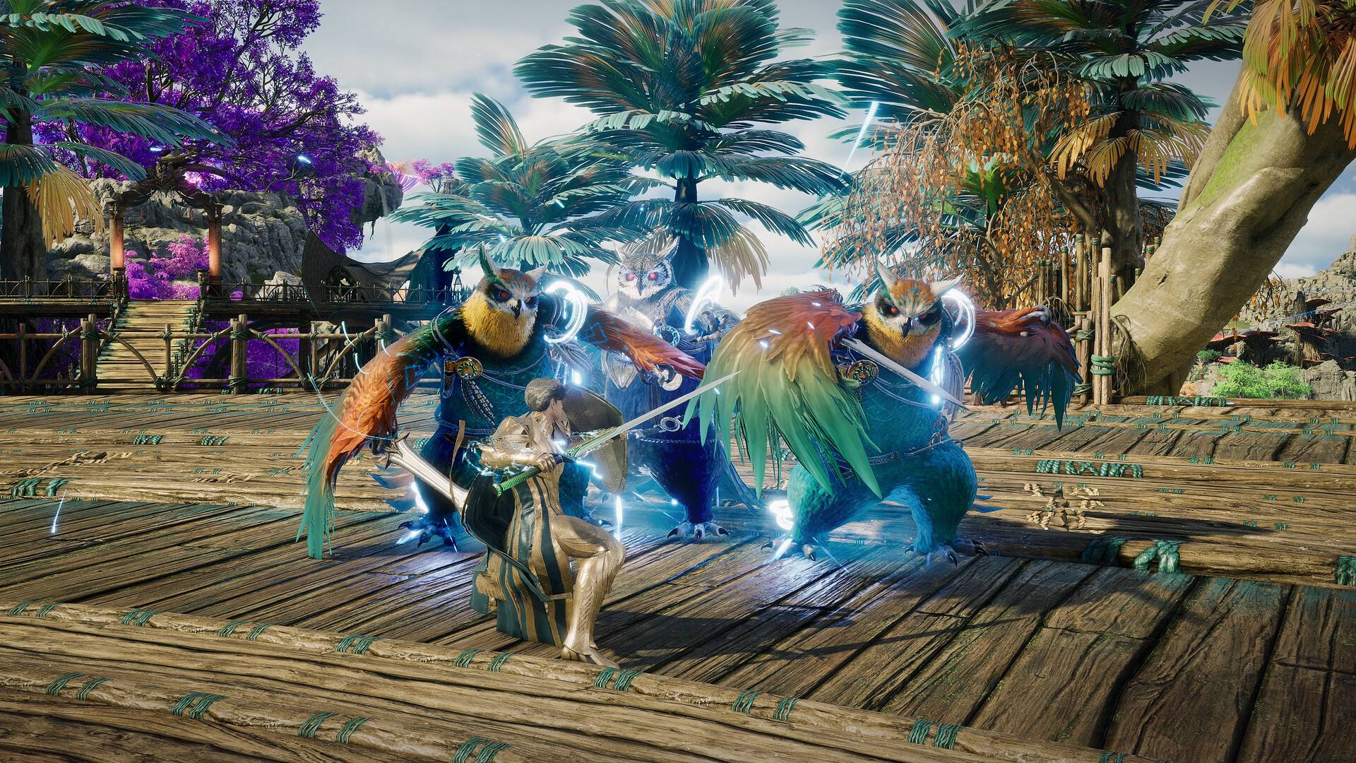 Charakter kämpft gegen drei Eulenwesen in AION 2