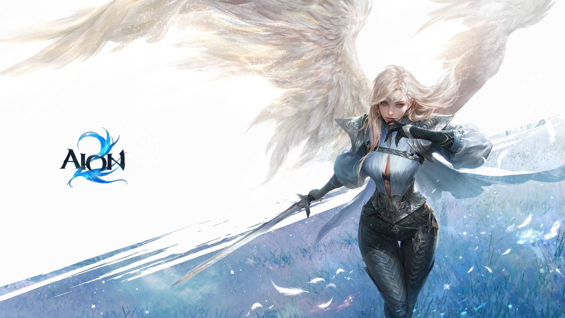Blonde Kriegerin mit Schwert und weißen Flügeln in AION 2