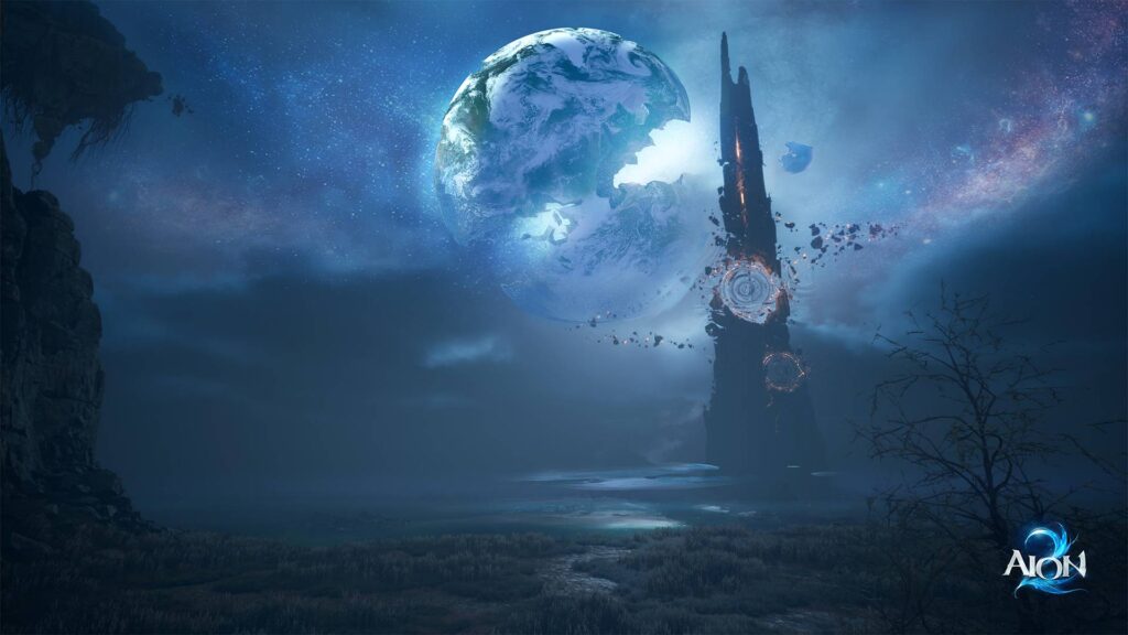 AION 2 zerstörter Himmelskörper neben einem leuchtenden Turm