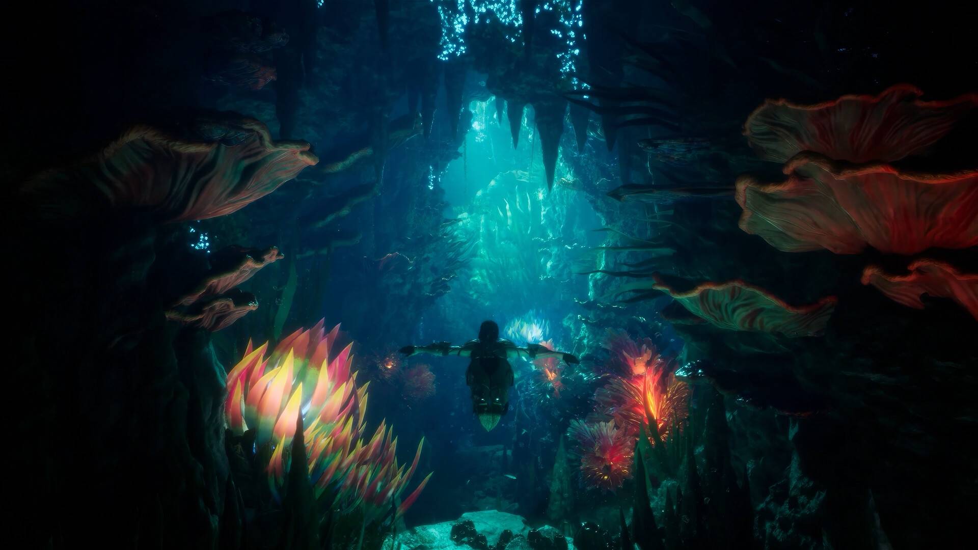 Charakter schwimmt durch eine leuchtende Unterwasserhöhle in AION 2
