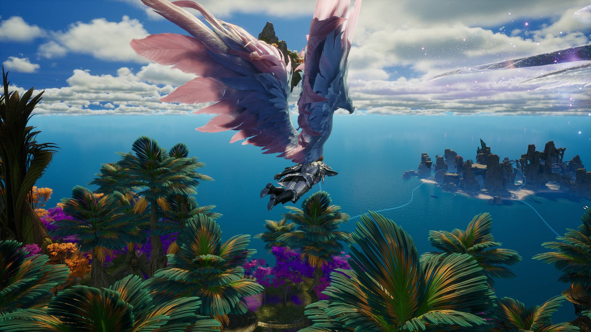 AION 2 Charakter fliegt mit großen Flügeln über eine Insel