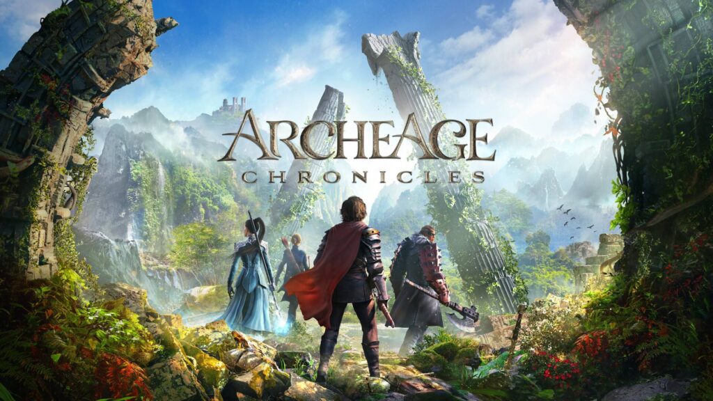 ArcheAge Chronicles: Vier Abenteurer blicken auf eine grüne Fantasylandschaft mit gewaltigen, überwucherten Ruinen und Wasserfällen. Im Vordergrund steht der Schriftzug des MMORPGs.