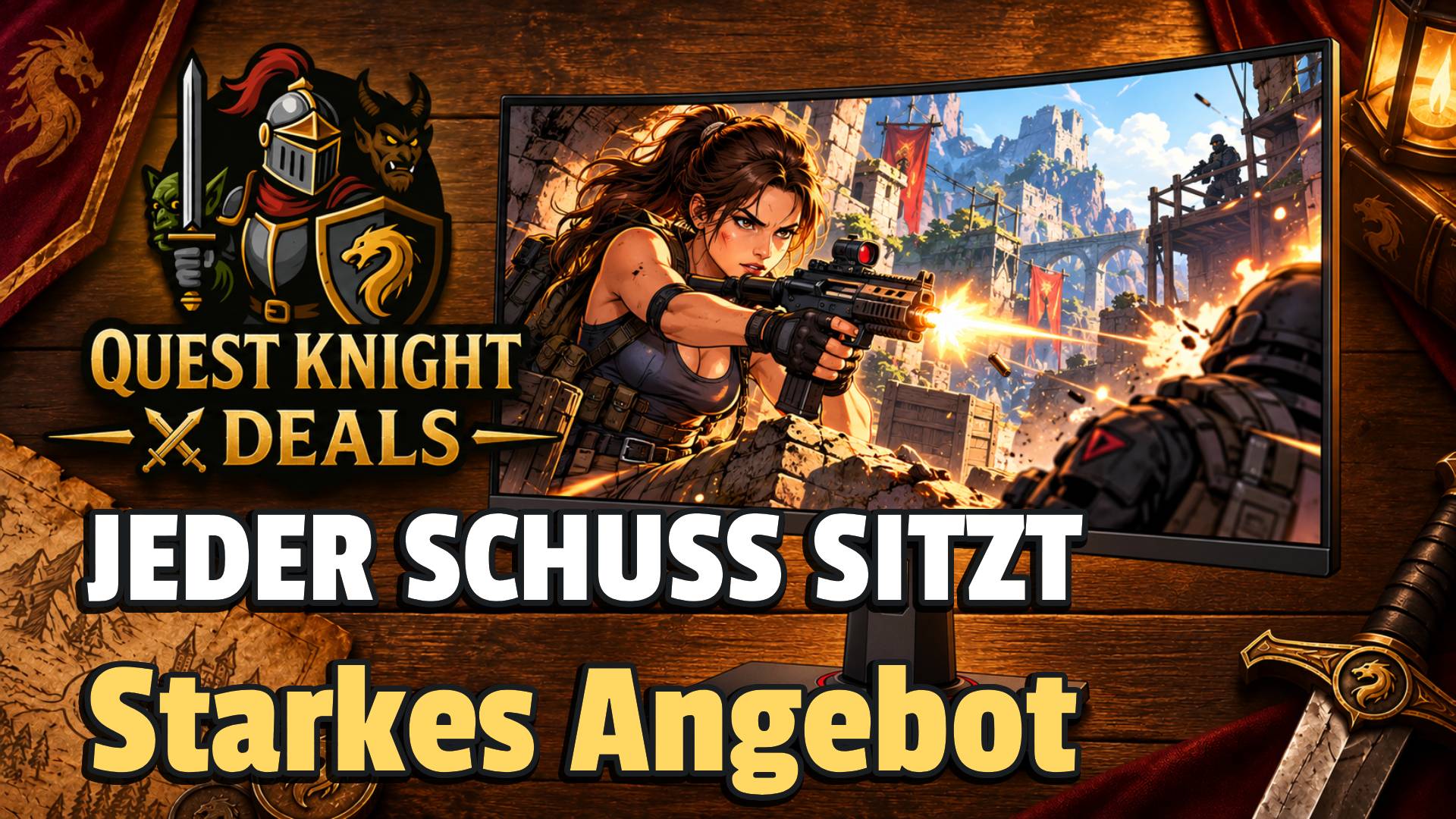 Quest Knight Deals Hintergrund mit Monitor, wo eine Frau schießt
